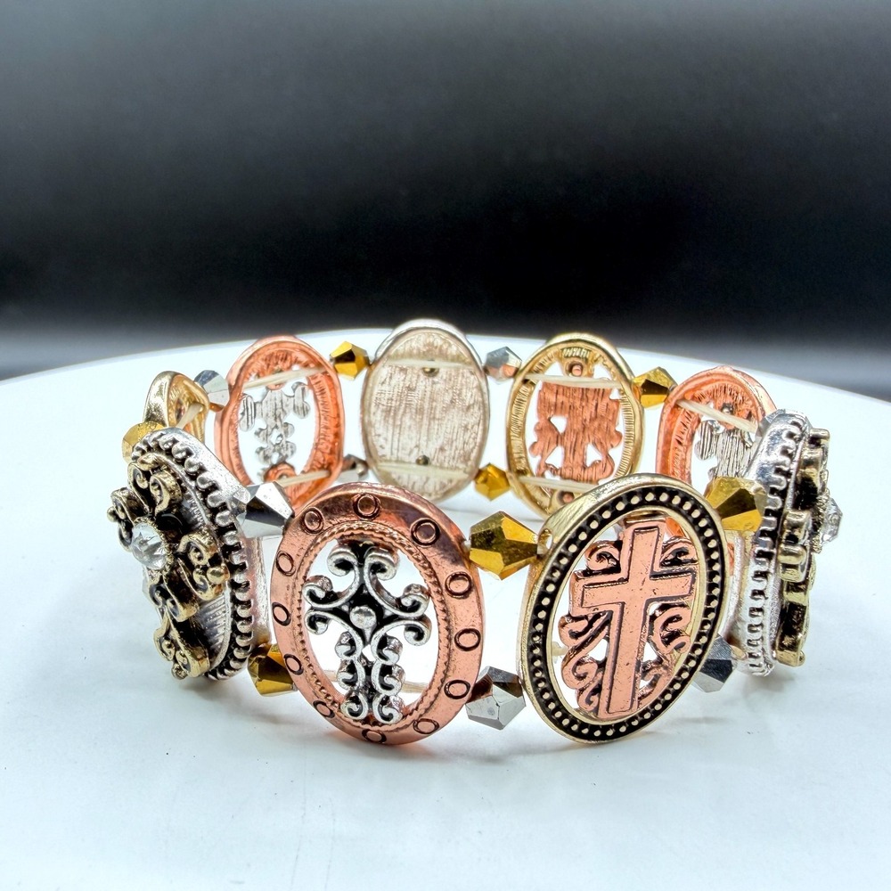Mixed Metal Cross Stretch Bracelet Rhinestone Filigree Boho Christian Statement